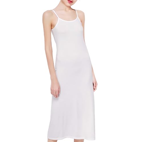 Aomig Damen Unterkleid, Sommerlicher Negligee Nachthemd Damen mit Spaghettiträgern, Verstellbare Träger, V-Ausschnitt, Mini-Slip, Knielang/Langes Unterrock Damen Sommerkleid(Langer Stil-weiß-XL)