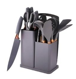 Ktchnhlprz 19-teiliges Küchenhelfer-Set, grau, Messerset, Messerblock, Schneidebrett, Küchenutensilien, Kochzubehör, Edelstahl, Silikon, platzsparende Station, Starterset für erste Wohnung