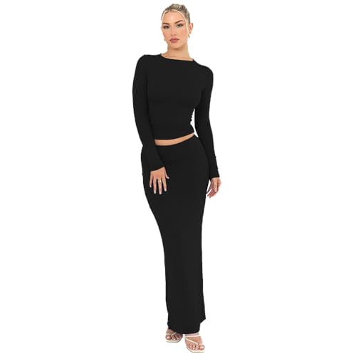 RPAEOY Kleid Damen Langarm 2 Teiler Top Und Rock Mit Schlitz Sexy Enge Schmal Bodycon Kleid Elegante Langes Zweiteiler Kleider Herbst Partykleid Freizeitkleid Schwarz S