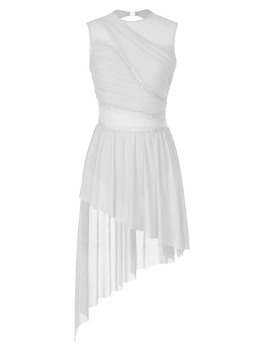 Miutii Damen Eiskunstlauf Kleid Ärmellos Glitzer Ballettkleid mit Asymmetrisch Rock Lyrisch Tanzkleid Modern Contemporary Tanzkleidung Weiß S