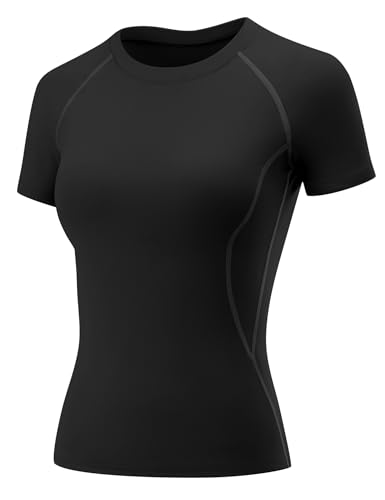 Rapbin Sport T-Shirt Damen,Kurzarmshirt WorkoutTops,Rundhalsausschnitt Atmungsaktiv Athletisch Sportshirt Laufen Gym Yoga Top Fitness Oberteil Schwarz XS