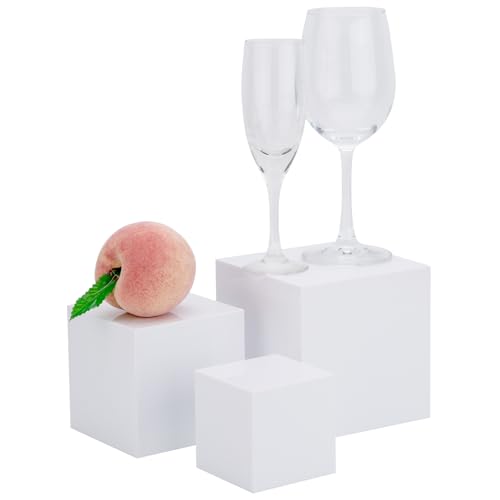 Cliselda 3 Stück Schaukasten Acryl weiße, Acryl Vitrine mit Hohlem Boden, Acrylbox Acryl Würfel Riser Display Ständer Box für Cupcakes, Süßigkeiten, Desserts, Buffets, Schmuck (Klein)