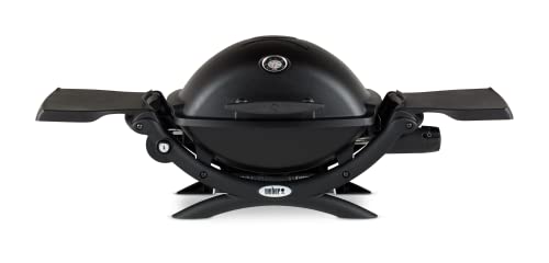 Weber Q 1200 Gasgrill, 43 x 32cm Grillfläche, Portable, 1 Brenner, 2-geteilter porzellanemaillierter Guss-Grillrost, mit Deckelthermometer - Schwarz