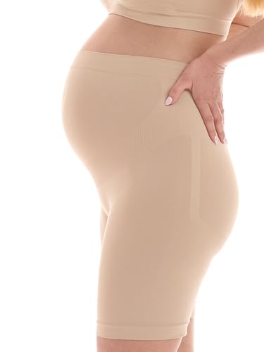 Herzmutter Umstandsslips nahtlos - OekoTex 100 - Langes Bein - Schwangerschafts Unterhose - Überbauch-Shorts-Unterwäsche - Seamless-Stützend - 1er Set - 5500 (M-L, Beige)