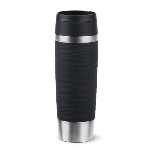 Emsa Travel Mug Wave Thermobecher 500 ml, Isolierbecher auslaufsicher, Edelstahl, 6h heiß und 12h kalt, 100% dicht, spülmaschinenfest, Kaffeebecher to go, 360°-Trinköffnung, schwarz, N20225