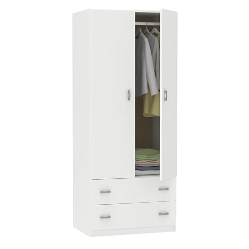 Muebles Pitarch | Schlafzimmerschrank 2 Türen 2 Schubladen, Weiß, 180x74x50 cm (Höhe x Breite x Tiefe), Modernes Beistellmöbel, Tibet Kollektion