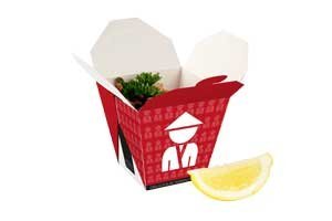 150 St Faltbox aus Hartpapier, eckig mit Henkel " CHINESE MAN " Snack-Box, Nudel-Box, Pasta-Box, 450ml / 16oz
