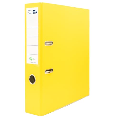 Raylu Paper Ordner mit Ringen, Ordner mit Rückenbreite 75 mm, Aktenordner für Büro mit 2 Ringen, mit weichem Öffnungshebel und personalisierbarem Kartenfach, Gelb
