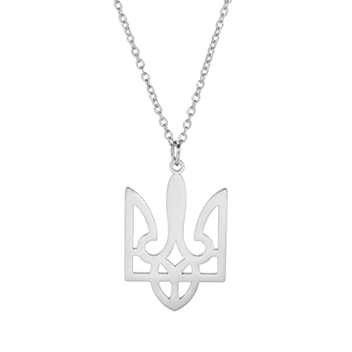 EUEAVAN Ukrainischer Dreizack Ukrainischer Anhänger Halskette Charme Ukrainische Symbole Halskette Patriotisches Geschenk Ukrainische Souvenirs Schmuck Mädchen Frauen Edelstahl (Halskette-silber)