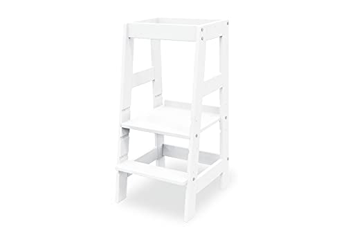 Lernturm Fino von Pinolino, höhenverstellbarer Hochstuhl, Montessori, Learning Tower, Küchenturm aus Natur Holz, Kleinkind Stabiler Lernstuhl für Küche, Baby Sicherheit, weiß lackiert