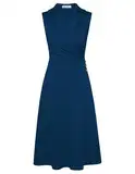 Cocktailkleid Damen Elegant A-Linie Plissee Abendkleid mit Dekorativen Knöpfen für Business Party Blaugrün L