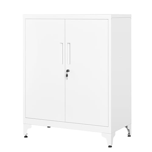 SONGMICS Aktenschrank, Mehrzweckschrank, Büroschrank mit 2 Türen, Schrank abschließbar, Aufbewahrungsschrank aus Stahl, für Arbeitszimmer, Wohnzimmer, mattweiß OMC013W01