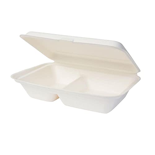 GREENBOX Bio Einweg Bagasse Schalen Zuckerrohr biologisch abbaubar Lunch-Box geteilt 2 Kammern Klappdeckel-Box Schale Kompostierbar 650 ml 50 Menüschalen rechteckig 25 x 16,5 cm weiß DFC013461