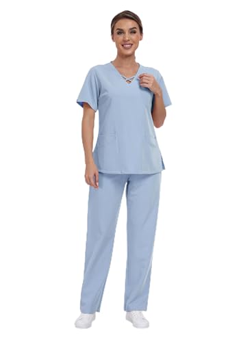 Ninsam Schlupfkasack für Damen-Set, V-Ausschnitt, gerades Bein, medizinische Peeling-Uniformen, 4-Wege-Stretch, 7 Taschen für Krankenschwester, Zahnästhetiker (Hellblau, M)