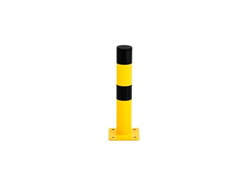 Absperrpfosten zum Aufdübeln 35 cm Höhe, Gelb-Schwarz, Ø 6 cm, 2,5 mm Materialstärke | Poller mit 12x12 cm Dübelplatte, Parkplatz Sperre, Anfahrschutz Prallschutz