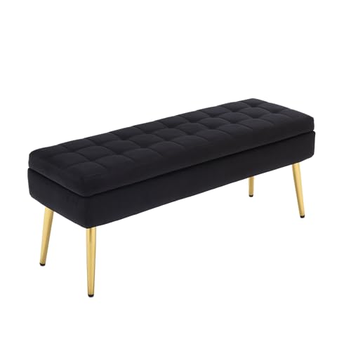 HUMZGHG Moderne minimalistische Aufbewahrungsbank mit goldenen Metallbeinen, gepolsterte Samtbank, für Schlafzimmer, Wohnzimmer, Foyer, Wohnzimmer, Bad (Schwarz)
