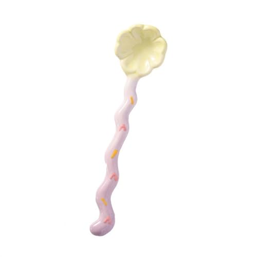 Lepel 1 Stück Keramiklöffel mit langem Griff, niedliche Löffel in Blumenform, Espressolöffel, Kaffeelöffel, Dessertlöffel, Eislöffel, Teelöffel Soeplepel (Color : Yellow)
