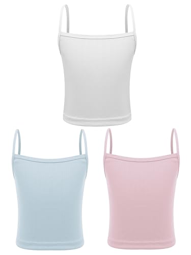 TTAO 3er-Pack Mädchen Baumwolle Unterhemden Spaghettiträger Top Einfarbig Cami Shirt Sommer Sportswear Tanktops Tanzbekleidung Weiß & Hellblau & Rosa 152-164
