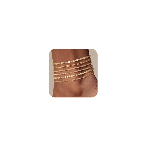 CharmBurst 6 Stück 14K Wasserdichte Fußkettchen für Damen, Gold Fußketten, Herringbone, Box, Paperclip, Bead und Figaro Design, Sommer Schmuck, Dainty Gold Fußschmuck