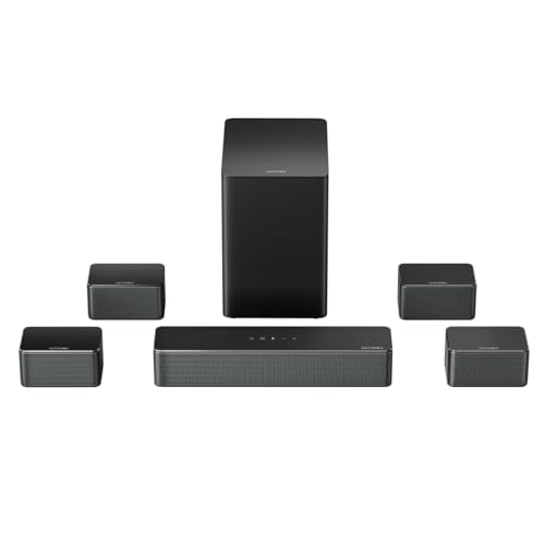 ULTIMEA 7.1 Soundbar für TV Geräte, Spitzenleistung 410W, Virtuelle Surround Sound System mit App, 6,5" Wireless Subwoofer, 4 kabelgebundene Surround-Lautsprecher, Soundsystem Heimkino, Poseidon D70