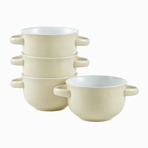 UNICASA Suppenschüssel 4er Set, Suppentassen mit Henkel für 4 Personen aus Porzellan Müslischale, Suppentassen - Set 4 x 650ml - Beige