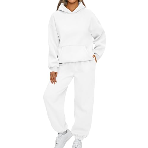 2024 Angebote,Zweiteiler Damen Winter,Damen Tracksuit Set Loungewear Set Dick Tracksuit Warm Freizeitanzug Casual Einfarbige Activewear mit Taschen,Weiß,M