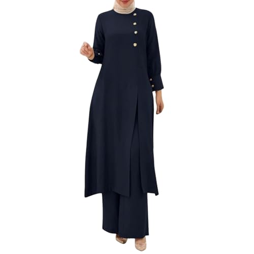 2025 - Muslimischer Zweiteiler für Damen, modisch elegant, einfarbig, unregelmäßig, langes Hemd, Oberteil mit weitem Bein, Hose, Robe Bekleidung Jungen 98 (Blue, M)
