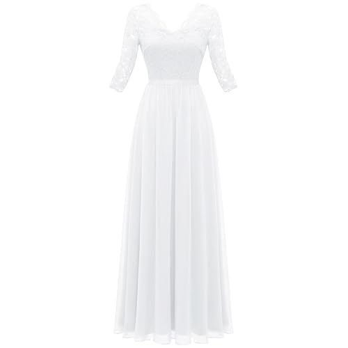 OULIWANGLUO Damen V Ausschnitt Spitze Lange Abendkleid Tunika Elegant Hochzeit Cocktailkleid Lang Hochzeitsgast Partykleid Maxi Kleider (Weiß,XL)