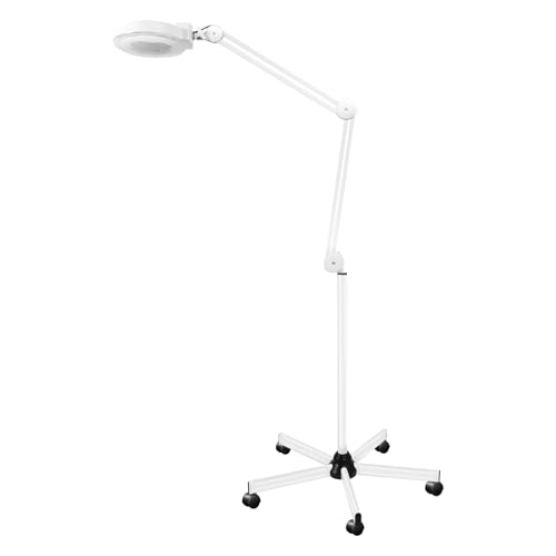 Kosmetische Lupenlampe LED Lupenleuchte auf Rollstativ Kosmetik Arbeitsleuchte Kosmetiklampe Kosmetikleuchte Lupenleuchte Set Arbeitsplatzlampe Schwenkarm Vergrößerungslampe Weiß 24W