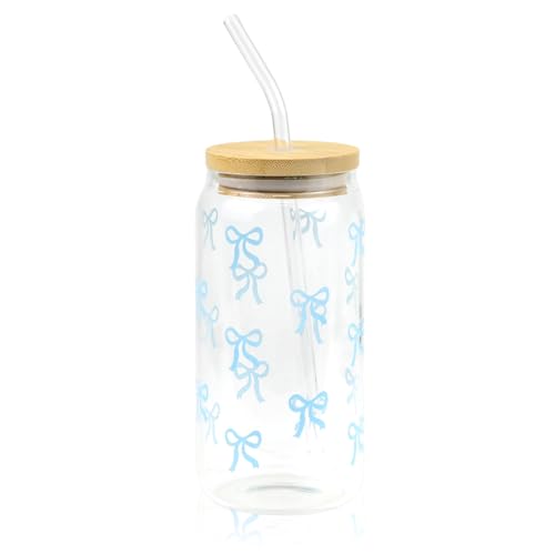 Cosmeria Glas Trinkbecher Mit Deckel Und Strohhalm, 16 Oz Bow Design, Elegantes Tiktok Trend Trinkglas Für Bubble Tea, Kaffee Und Mehr