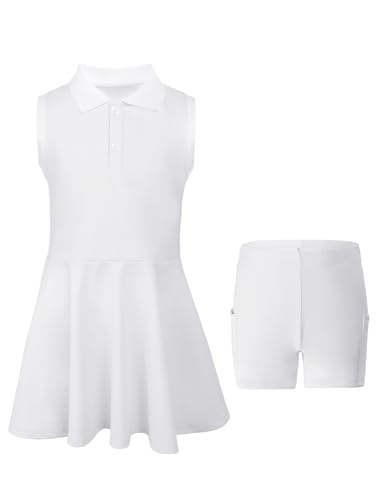 SPFASZEIV Tenniskleid für Mädchen mit Separaten Hose Taschen ärmellos Golf Sport Kleid Polo Tennis Outfit 11–12 Jahre Weiß