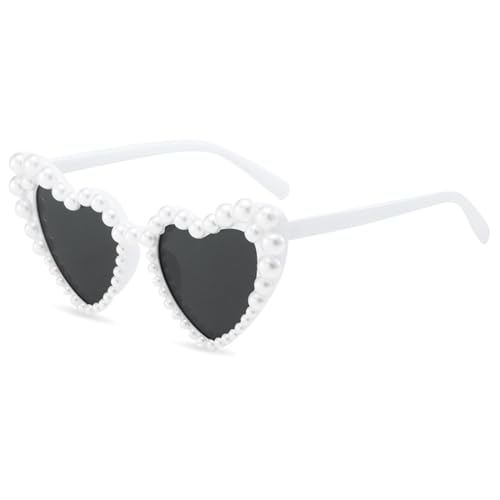 Herz Sonnenbrille Mit Perle - Vintage Herzförmige Brille für Damen, Pearl Sunglasses für Hochzeit Party (Weiß)