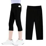 JinBei Sport Leggings Mädchen Capri 3/4 Sporthose mit Taschen Hohe Taille Kinder Yogaleggings Trainingshose Knielang Jogginghose Elastisch Schwarz Legging für Fitness Gym Tanz, GR.122-128
