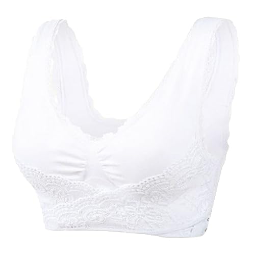 BH Damen Ohne Bügel 2029e BH Bra Damen Vorderseite Schnalle Spitzenrand ohne Stahlring Bewegung Nahtlose Raffung Anpassung Yoga Schlaf Großer BH Damen Unterwäsche (White, M)