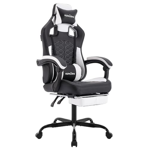 SUKIDA Gaming Stuhl, Ergonomischer Gaming-Stuhl mit Fußstütze, Racing Gaming Chair Kopfstütze Verstellbarer Computerstuhl Höhenverstellbar Lendenwirbelstütze für Homeoffice und Gaming Schwarz