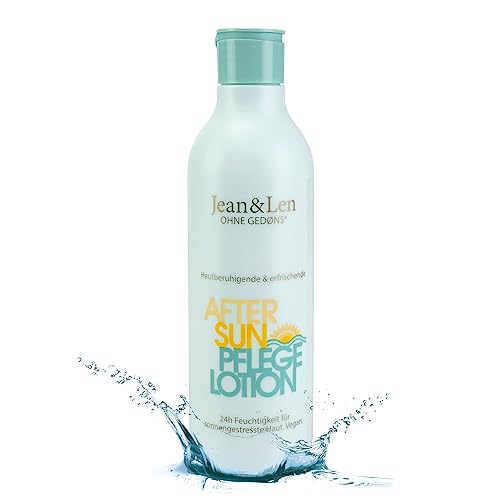 Jean & Len After Sun Pflege Lotion, wirkt hautberuhigend & erfrischend, mit Aloe Vera & Vitamin E, bis zu 24h Feuchtigkeit für sonnengestresste Haut, ohne Parabene & Silikone, Après Sun vegan, 250 ml