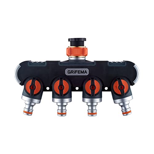 GRIFEMA 4-Wege-Verteiler, 3/4 Zoll und 1/2 Zoll Wasseranschluss Verteiler, 4 Geräte Können Gleichzeitig Verbunden Werden, Einstellbarer Wasserdurchfluss, Orange / Schwarz