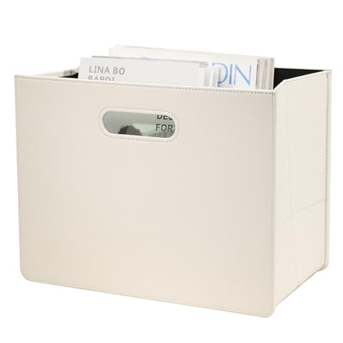 HofferRuffer Zeitungskorb aus Leder mit Griff, Zusammenklappbarer Zeitschriftenkorb Ständer 35 x 19 x 27 cm, Zeitungenaufbewahrung Organizer Weiß