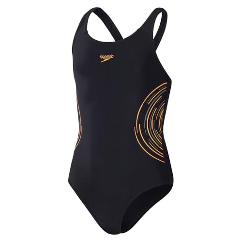 Speedo Placement Muscleback Badeanzug für Mädchen, Schwarz / Orange, schwarz/orange, 15-16 Jahre