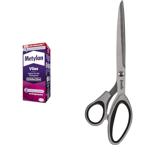 Metylan Vlies, Tapetenkleister für Vliestapeten mit glatter oder strukturierter Rückseite & kwb Tapezier-Schere aus Edelstahl, abgewinkelt, 280 mm Gesamtlänge