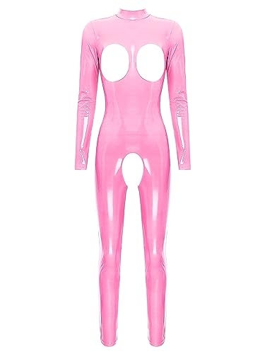 TiaoBug Damen Wetlook Bodysuit Ouvert Hose Latex Catsuit Lack Leder Overall Jumpsuit Langarm Top Hot Pants Sexy Dessous Gogo Clubwear Hot Pink F XL