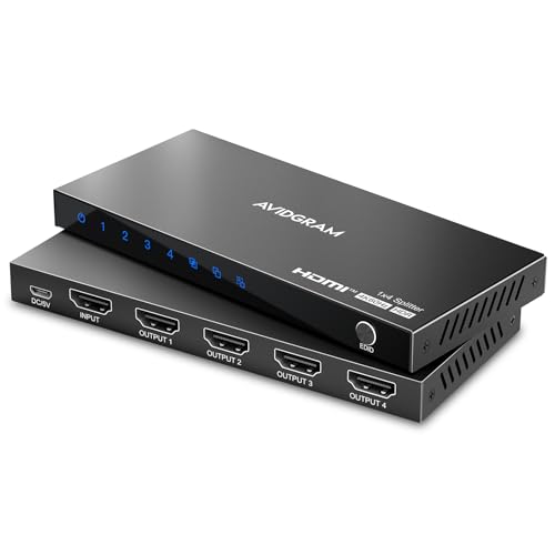HDMI Splitter 1 In 4 Out 4K 60Hz 4:4:4, AVIDGRAM HDMI Verteiler 4 Port mit Copy, Downscaler, Auto für Dual identische Anzeige Unterstützung 1080p 120Hz HDMI2.0 HDCP 2.2 HDR10 18Gbps 3D