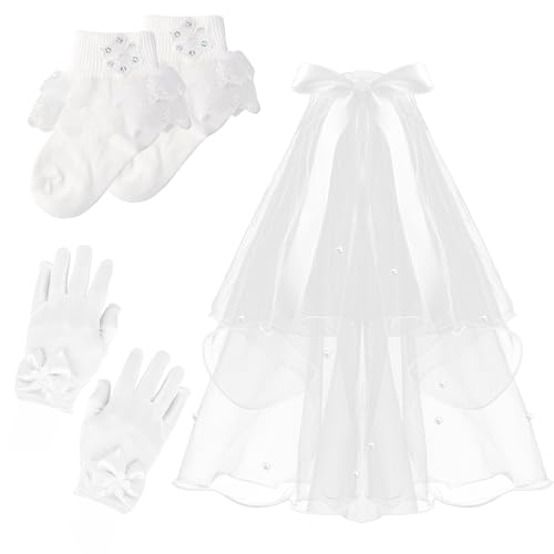 Blumenmädchen handschuhe, Mädchen weiße Satinschleife handschuhe Spitzensocken Dekorativer Schleier Set, Prinzessin Dress-Up Handschuhe für Kommunionen Maskeraden Rollenspiele Aufführungsabende