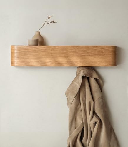 Kazai. Wandgarderobe 'Toke' | Moderne Design-Garderobe mit verdeckten Wandhaken | Garderobenpaneel aus Massivem Echtholz-Furnier | Eiche