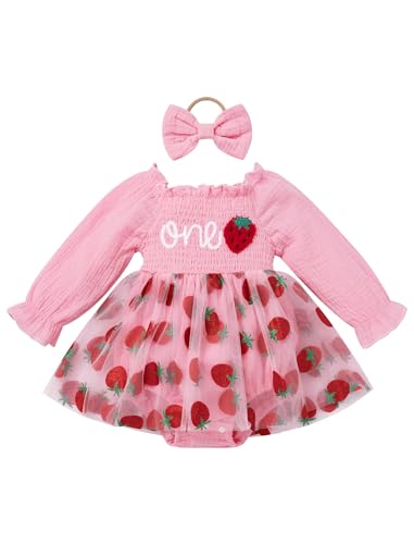 FYMNSI Baby Mädchen 1. Erster Geburtstag Outfit Erdbeere Langarm Partykleid Bodykleid Prinzessin Tütü Tüll Kleid Strampler mit Stirnband Herbst Frühling Kleidung Fotoshooting Rosa Erdbeere 12-18M