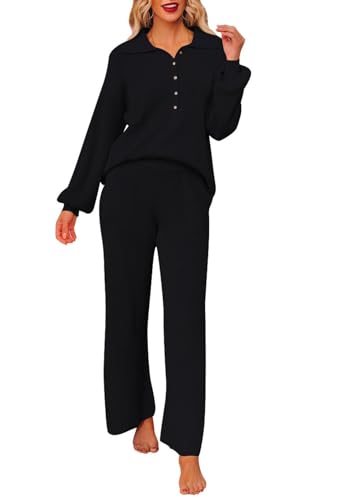 Sovoyontee Frauen 2-teilige Outfit Pullover Set Langarm Knopf Strick Pullover Top Weite Bein Hosen Pocket Sweatsuit Schwarz M