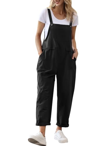 YESNO Damen Latzhose Sommer Oversize Trägerhose Beiläufig Loose Bib Pants Overall Baggy Jumpsuit Strampler Sommerhose mit Träger (S PV9DE Schwarz)