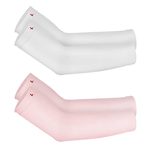 Luwint 2 Paar Kinder-Armstulpen, UV-Sonnenschutz, kühlende Abdeckung für Jungen und Mädchen von 4–12 Jahren (weiß + rosa), 2 Paar (weiß + rosa), Big Kid(6-12 Yrs)