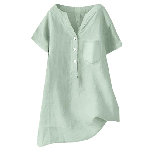 Linen Blouse Summer Beach Short Sleeve V Neck Down Top Casual Tunic Loose Shirt Damen Bluse Elegant Festlich (Mint Green XXXXXL)