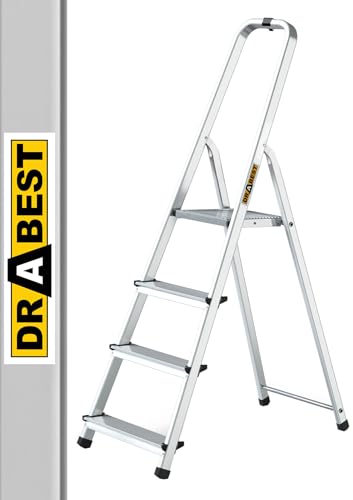 DRABEST Home Aluminiumleiter 4 Stufen 125 kg - Sicheres Arbeiten zu Hause und bei Renovierungen - Tragkraft 125 kg - Stabile Konstruktion - rutschfeste Füße - Steigleiter 60 cm - 0,43 x 1,45 x 0,75 m
